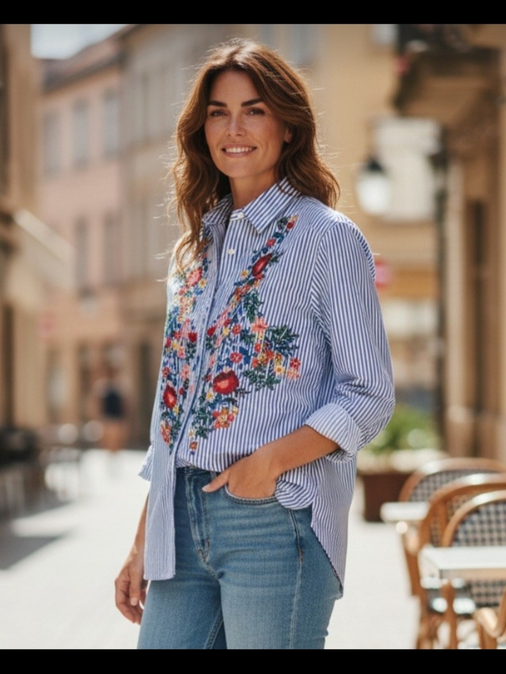 Zara Blue & White Striped Embroidered Button-Down Shirt